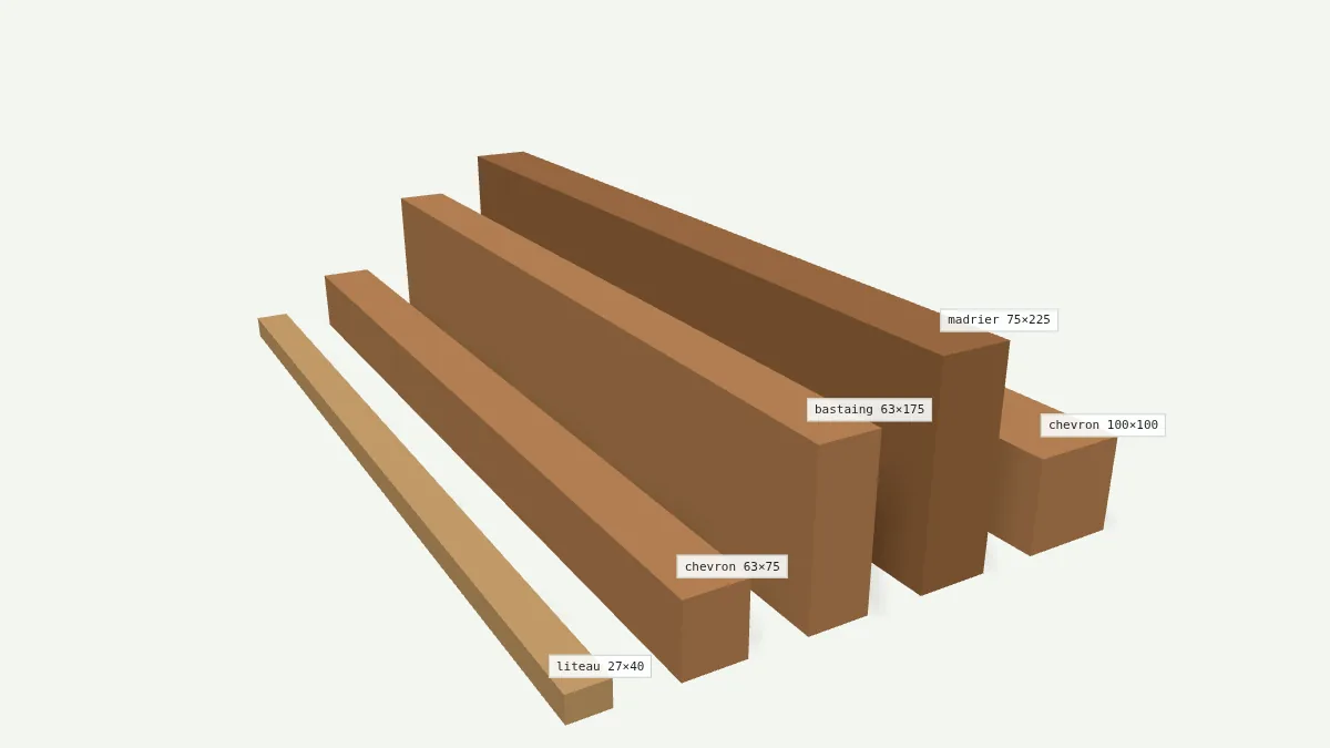 Sections de bois de charpente en 3D : liteau 27×40, chevron 63×75, bastaing 63×175, madrier 75×225 et chevron 100×100