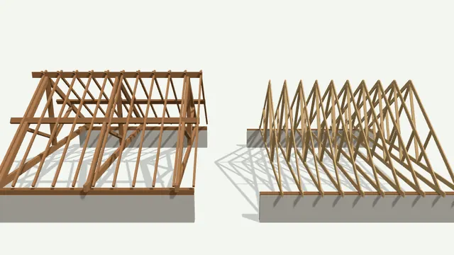 Charpente traditionnelle et charpente fermette côte à côte en 3D