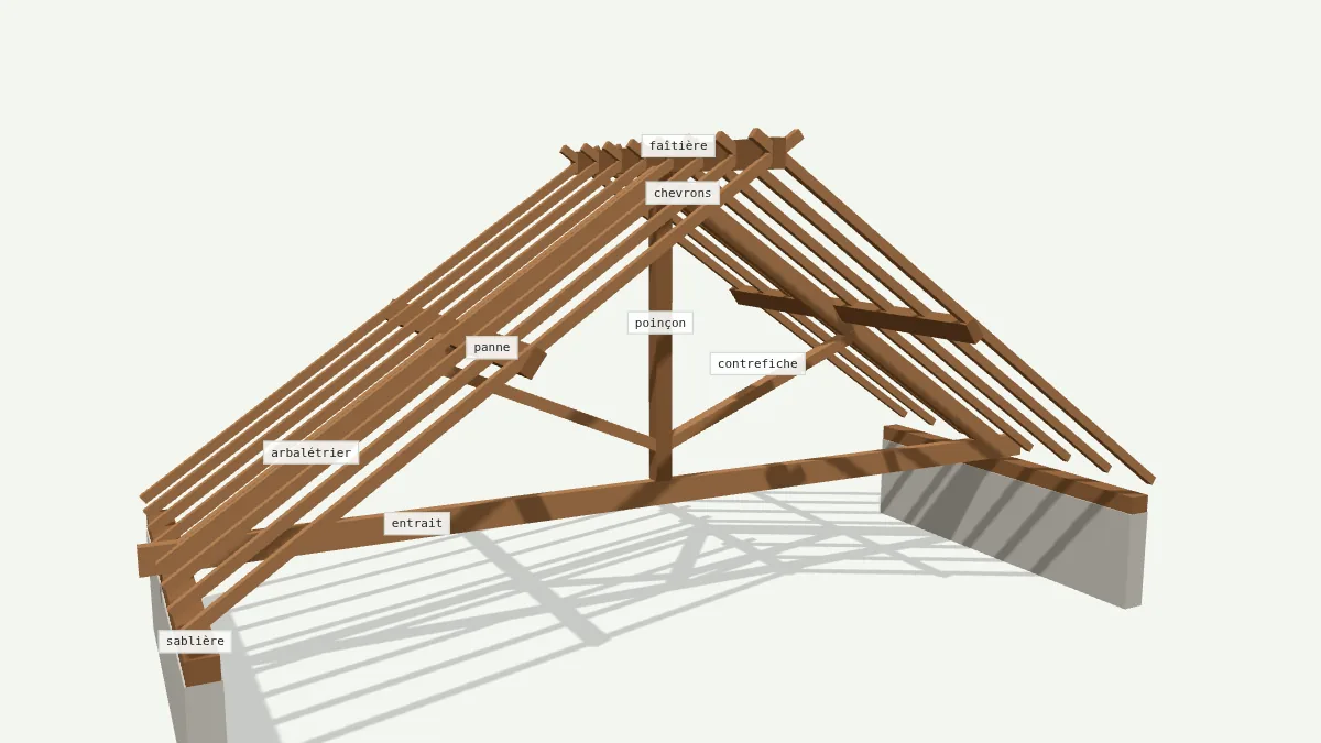 Ferme de charpente traditionnelle en bois en 3D : entrait, arbalétriers, poinçon et pannes à inspecter avant traitement